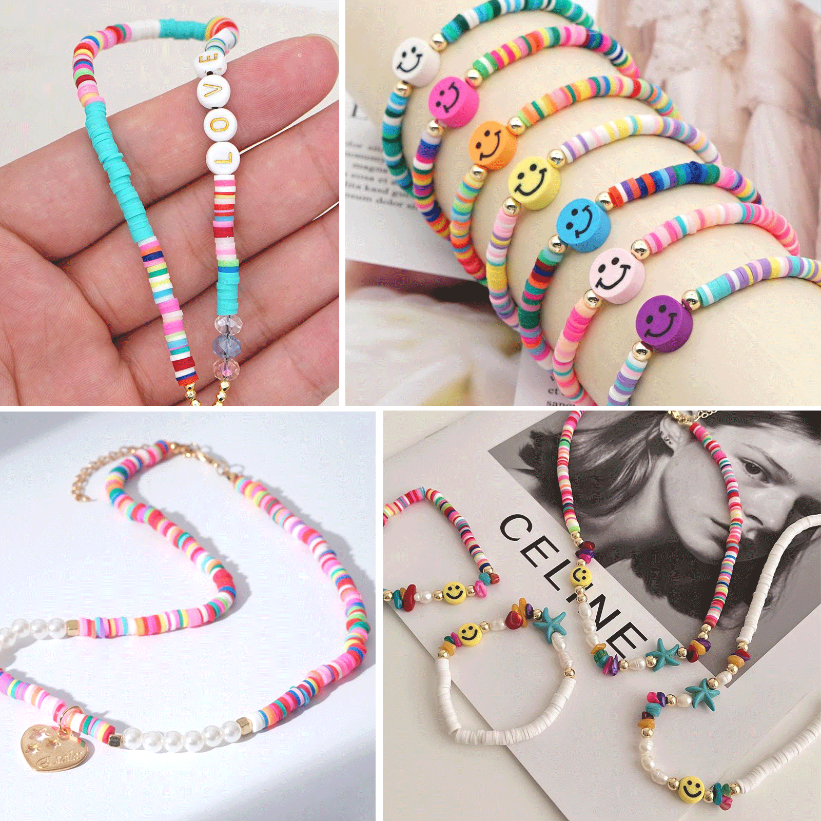 JEFFNIUB Clay Beads Bracelet Making Starter Kits for Girls, 12 Colors Flat  Round Polymer Clay Beads 6 CUTE DESIGNS Letter Smiley Fruit Flower Shape
